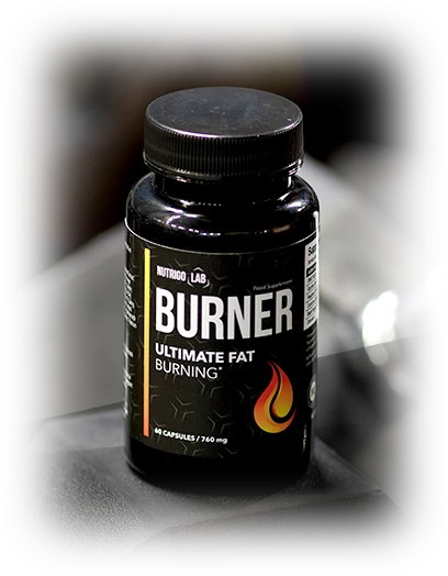 Envase de Nutrigo Lab Burner sobre un fondo oscuro