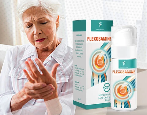 Envase de Flexosamine junto a hojas verdes que simbolizan sus ingredientes naturales.